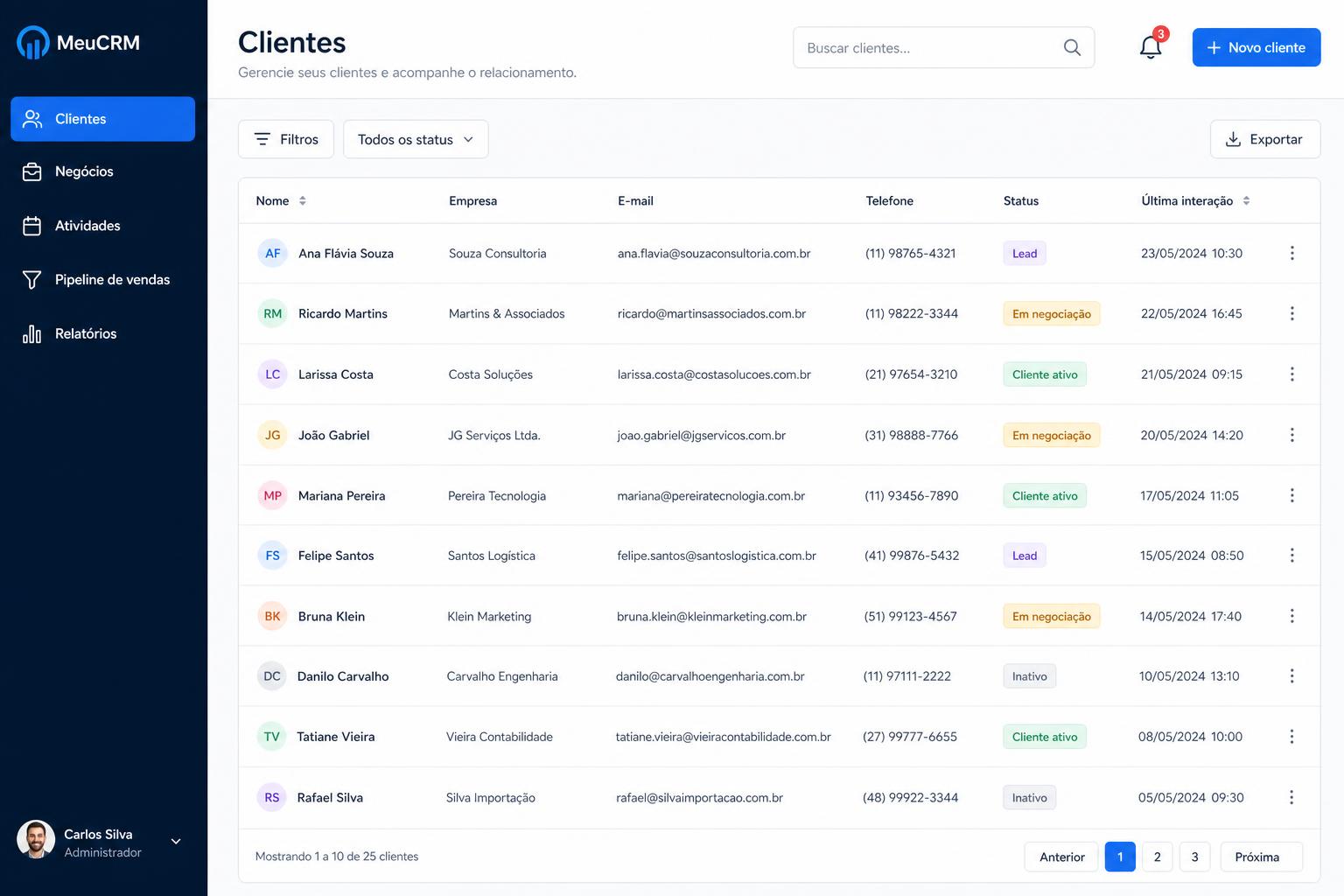 Sistema CRM de gestão de clientes